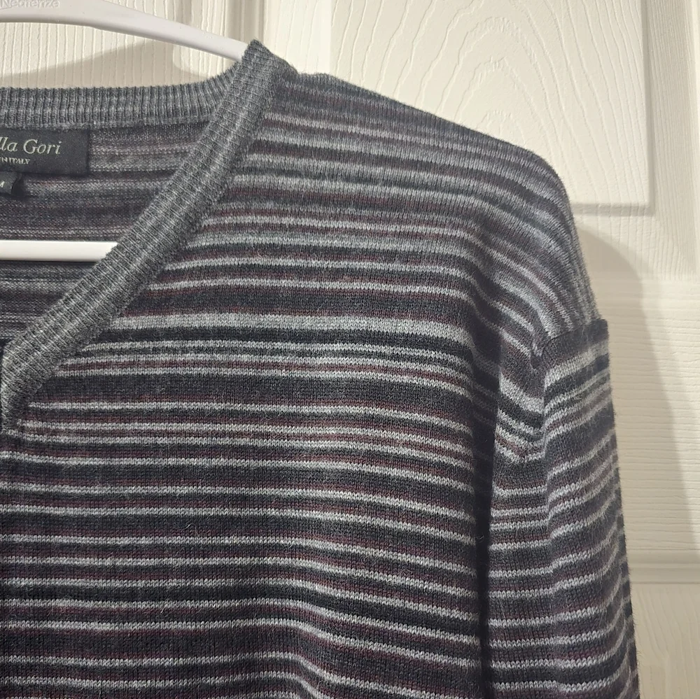 Extra Fine Merino Wool Striped V-Neck Sweater by Brunella Gori, Tailored Fit.